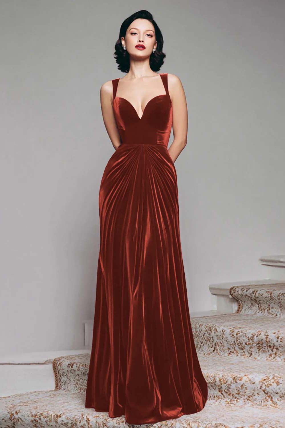 Suzhoufashion Stunning Burgundy Velvet Mermaid Thick Straps Long Prom Dress
