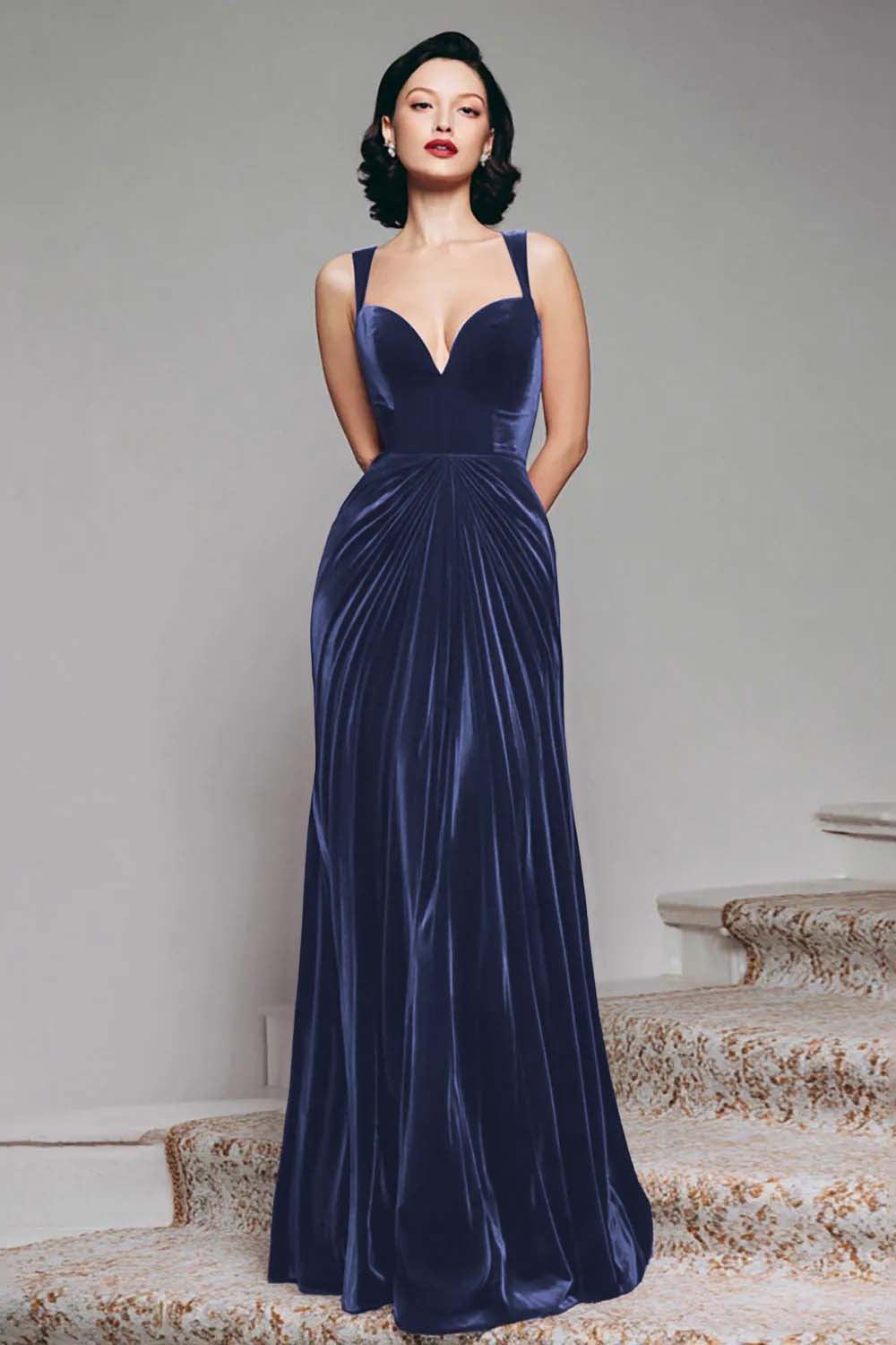 Suzhoufashion Stunning Burgundy Velvet Mermaid Thick Straps Long Prom Dress