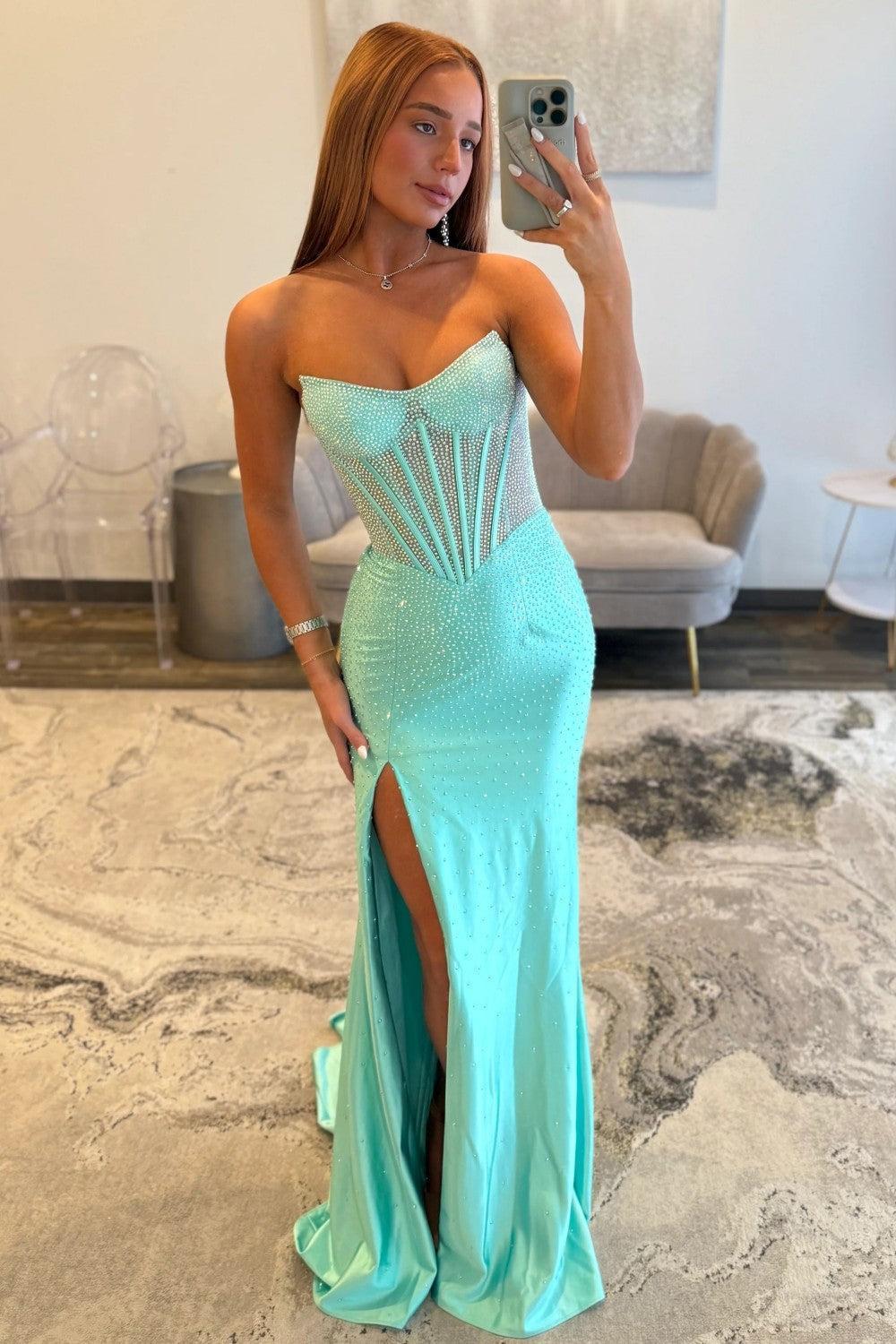 Stunning Glitter Yellow Strapless Beaded Corset Style Prom Gown With High Slit Formal Evening Gown
