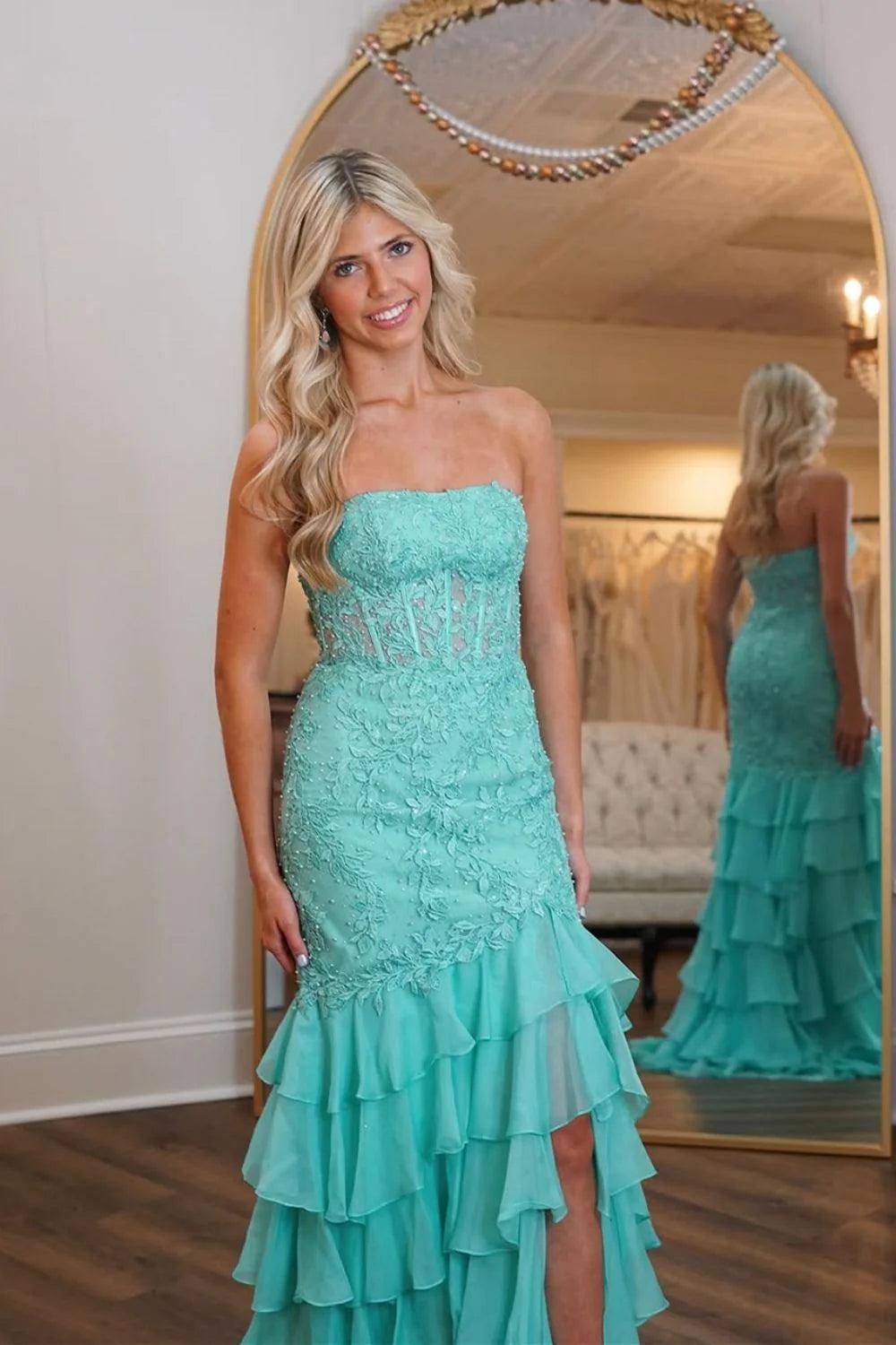 Suzhoufashion Stunning Mermaid Strapless Zipper Back Lace Corset Prom Dress With Ruffle Skirt Formal Evening Gown