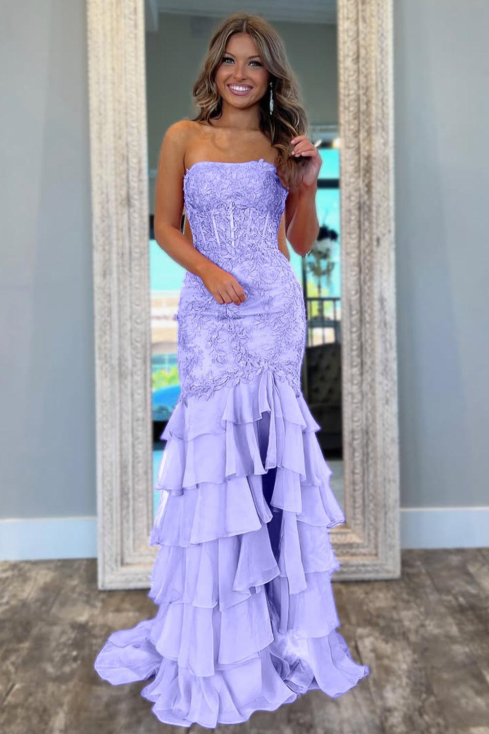 Suzhoufashion Stunning Mermaid Strapless Zipper Back Lace Corset Prom Dress With Ruffle Skirt Formal Evening Gown