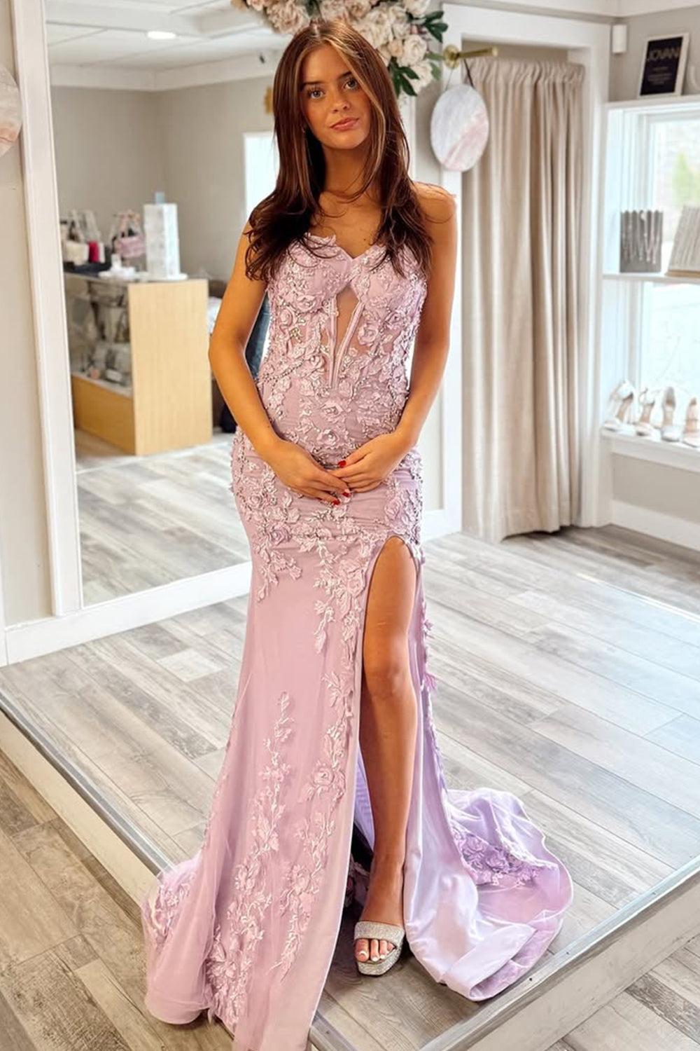 Suzhoufashion Stunning Mermaid Style Lilac Gown With Embroidery And Front Slit Prom Dress Formal Evening Gown