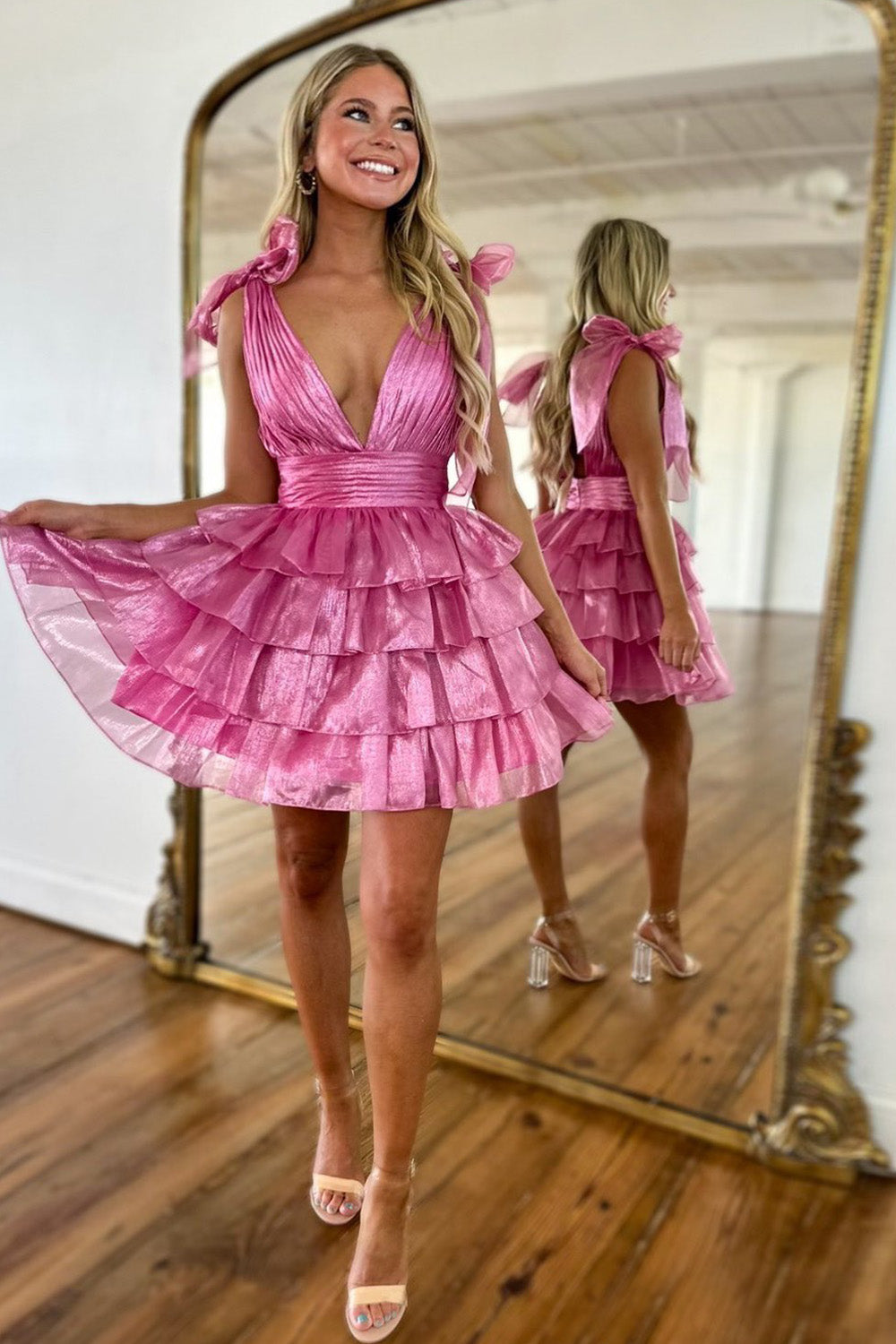 Stunning A-Line Deep V-Neck Short Tiered Satin Homecoming Dress - VelvetHem