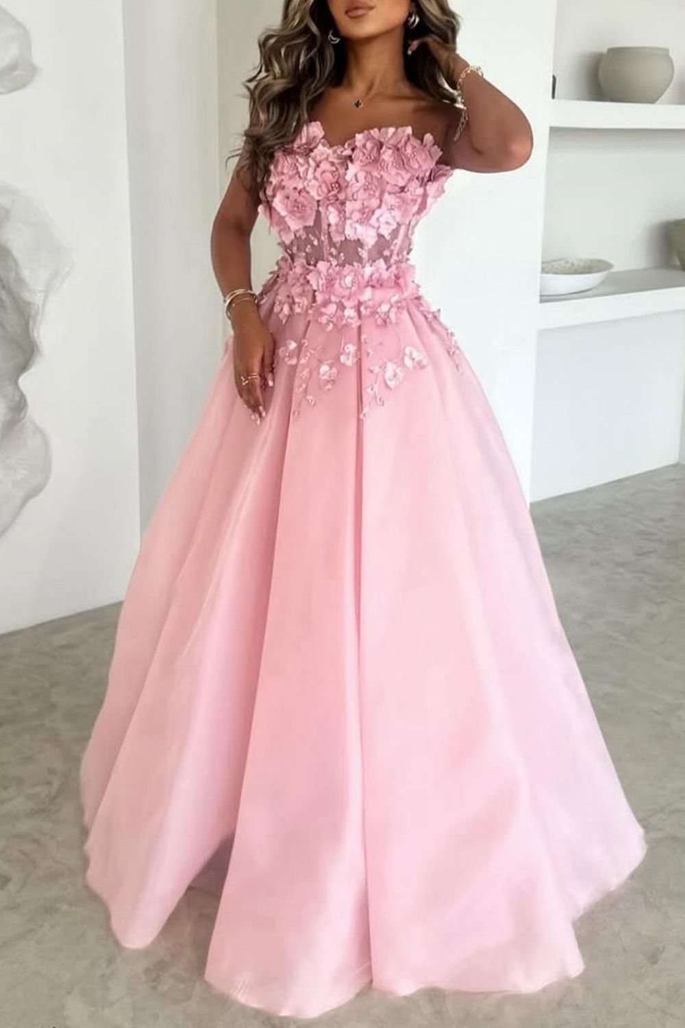 Stunning A-Line Pink Sweetheart Lace Up Long Party Dress with Appliques