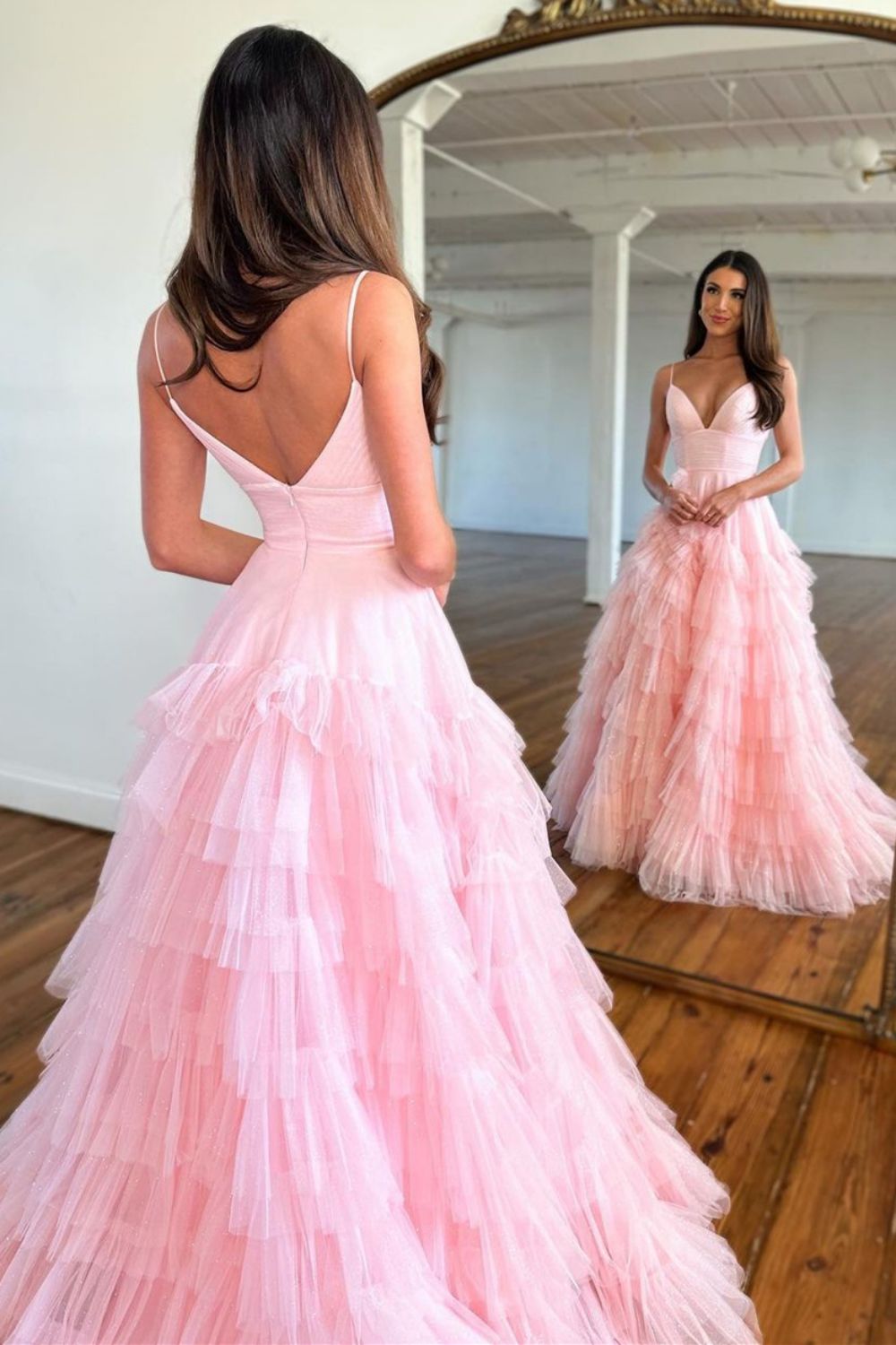 Princess A Line Spaghetti Straps Zipper Back Black Long Tulle Prom Dress