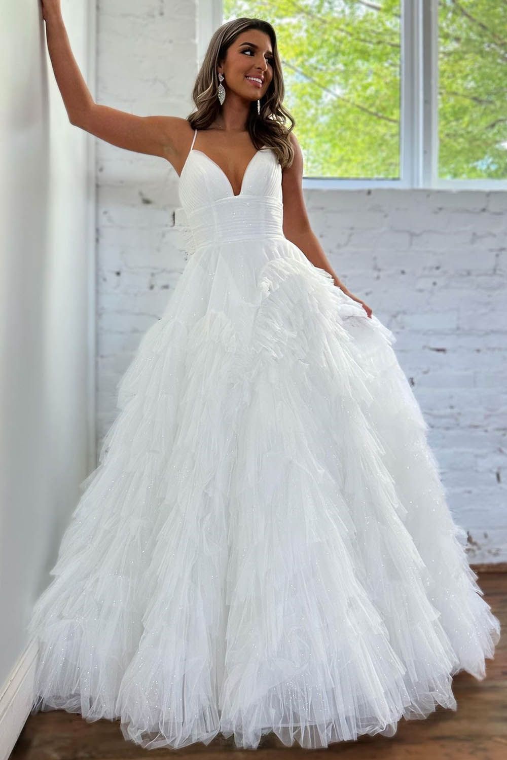 A-Line V-Neck Spaghetti Straps Long Tiered Tulle Prom Dress