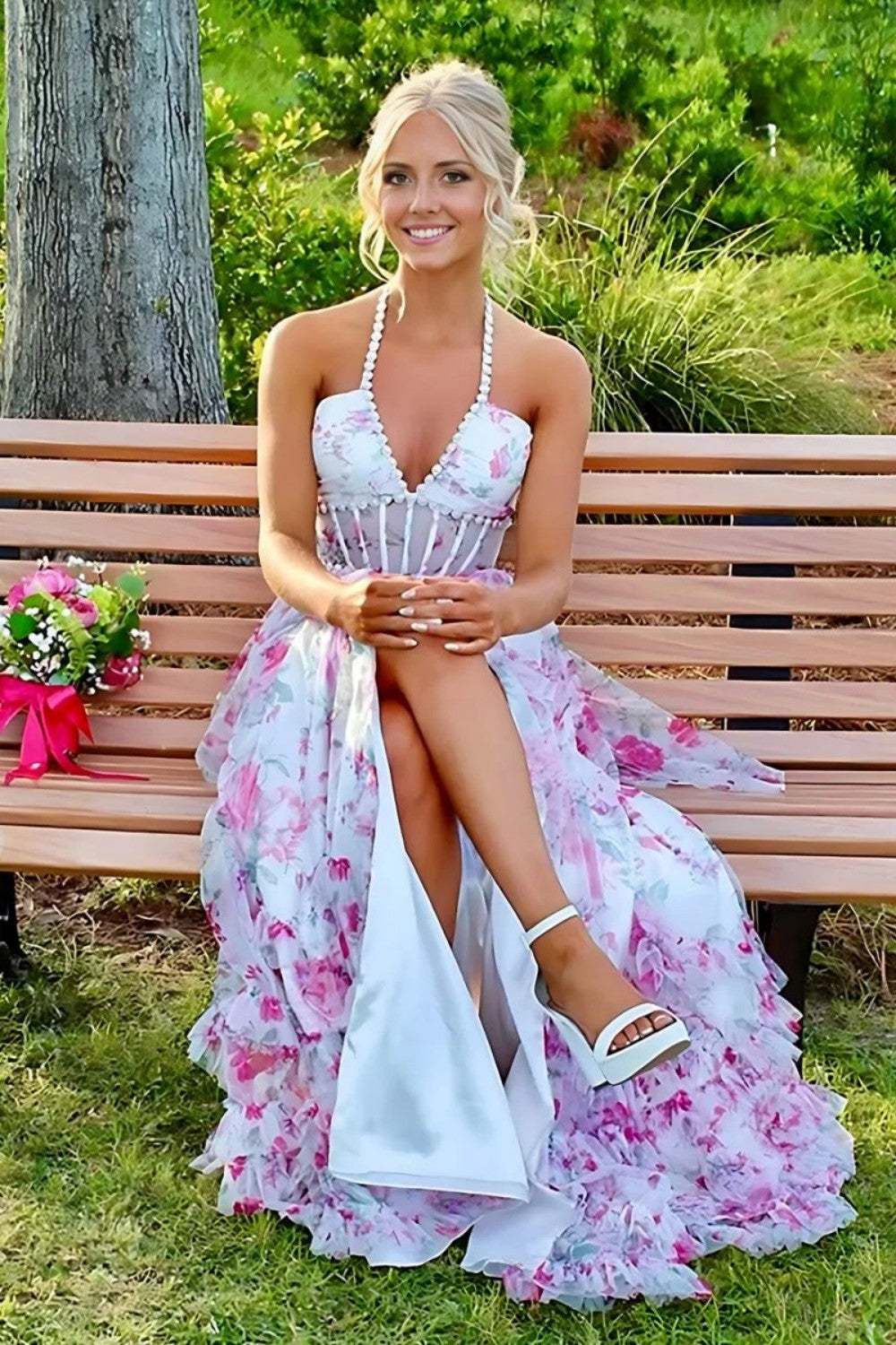 Stunning A Line Halter Neck Pink Floral Printed Corset Prom Dress with Pearls