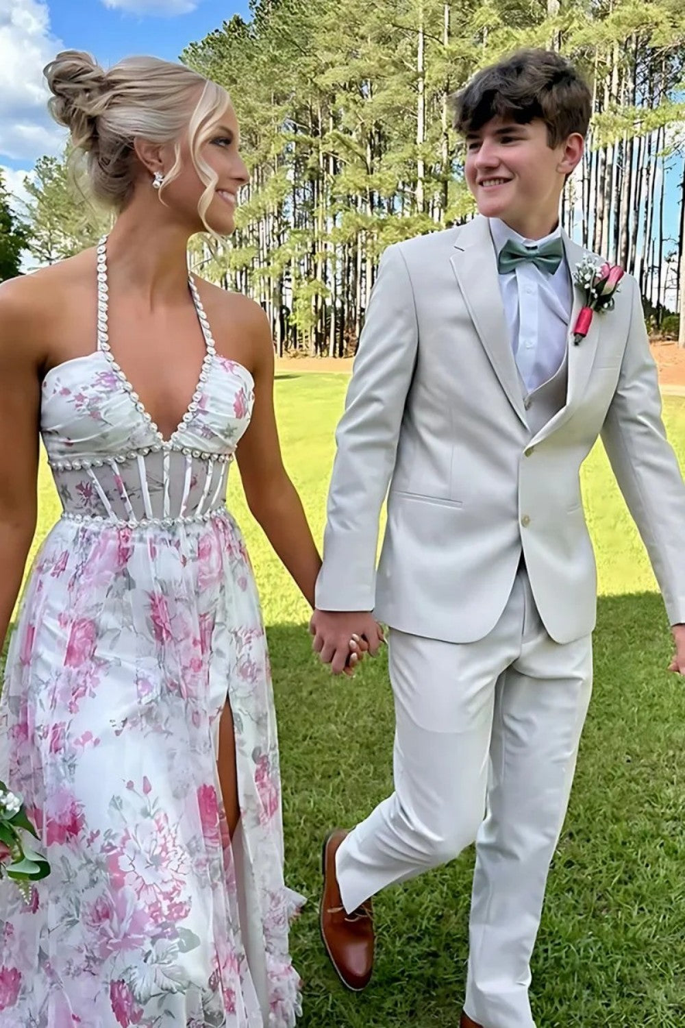 Stunning A Line Halter Neck Pink Floral Printed Corset Prom Dress with Pearls