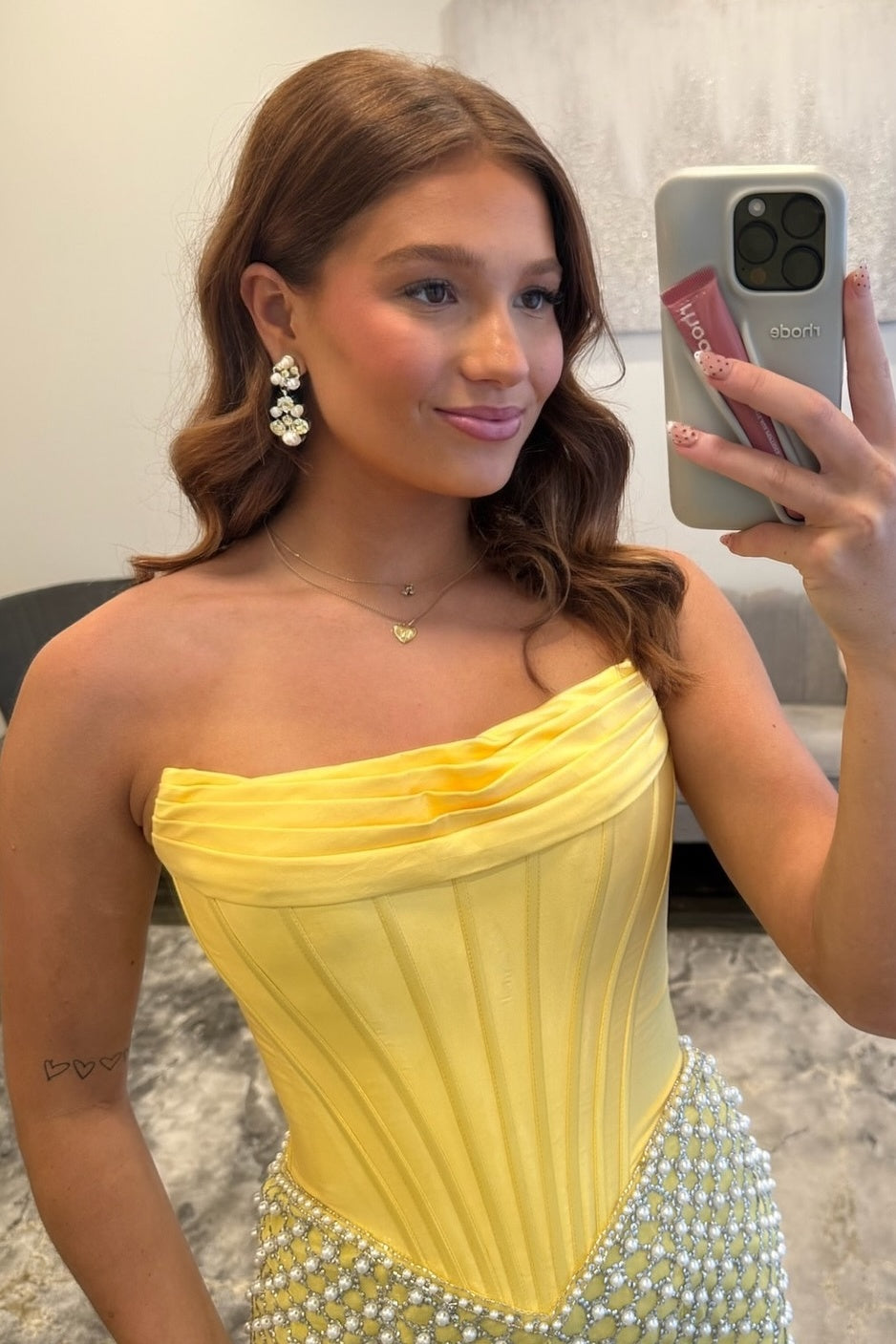 Stunning Bodycon Strapless Yellow/Pink Corset Homecoming Dress with Pearls