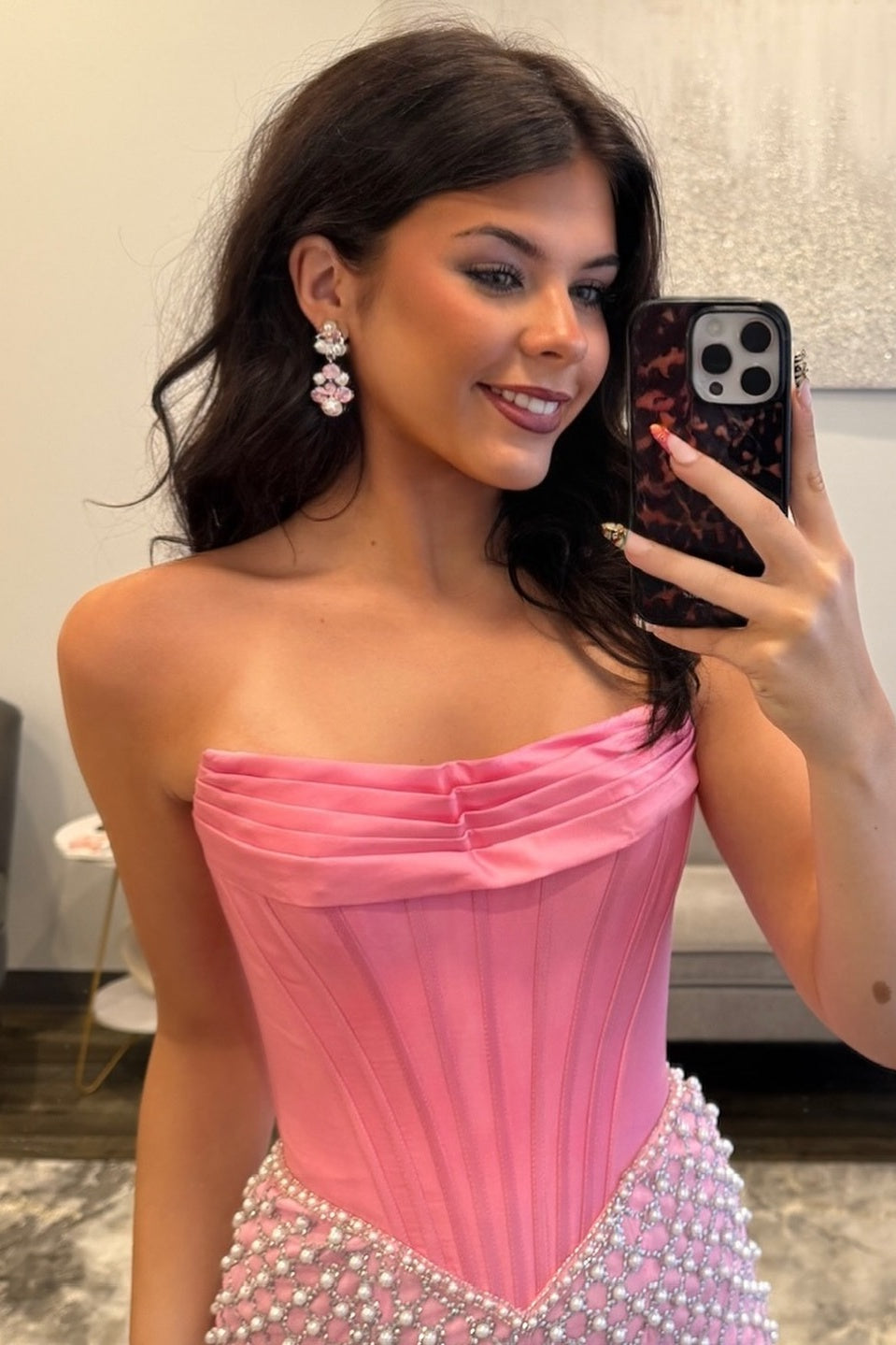 Stunning Bodycon Strapless Yellow/Pink Corset Homecoming Dress with Pearls