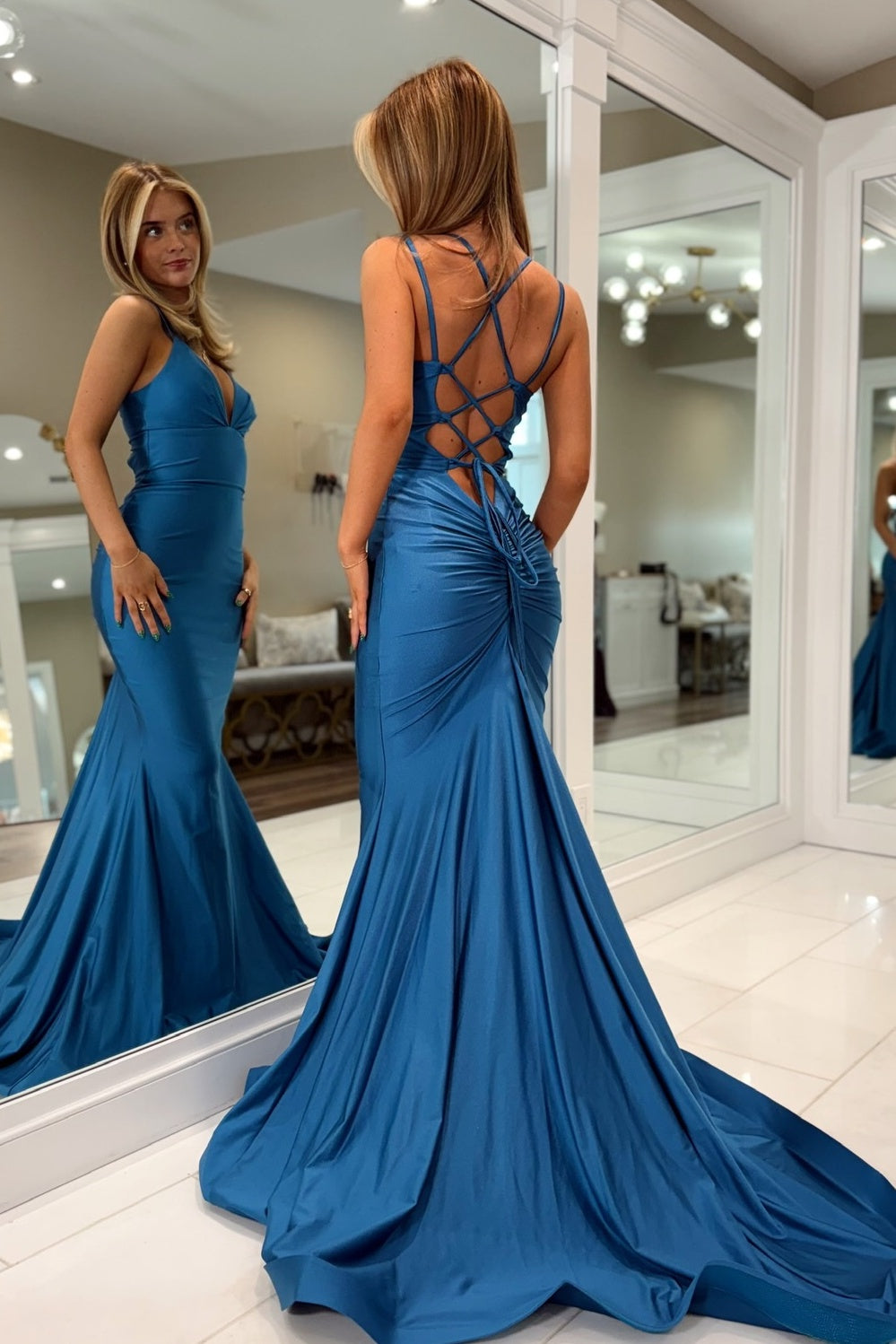 Stunning Mermaid Spaghetti Straps Peacock Blue Long Prom Dress with Criss Cross Back - View 2 | VelvetHem