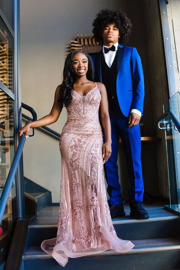 Stunning Mermaid Spaghetti Straps Pink Long Prom Dress with Appliques Beading