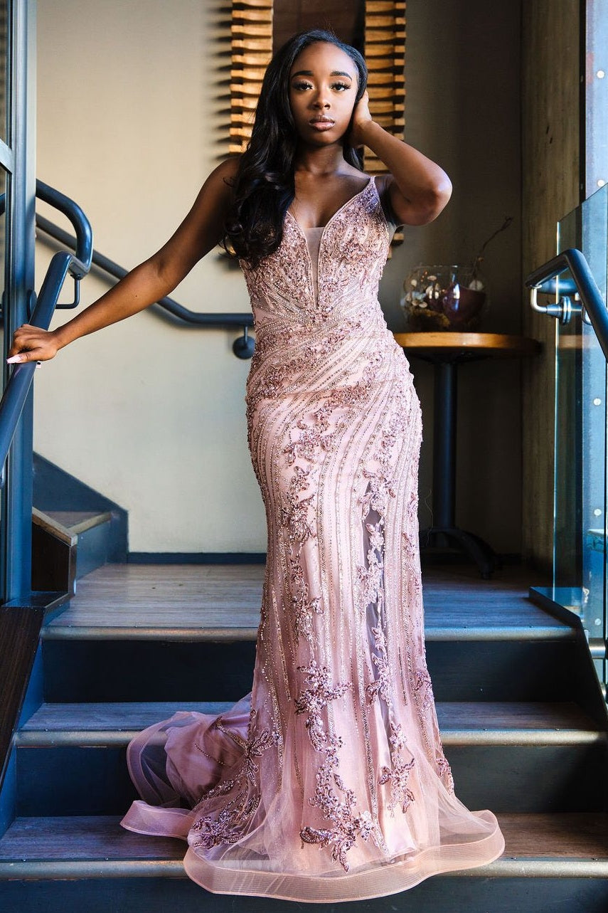 Stunning Mermaid Spaghetti Straps Pink Long Prom Dress with Appliques Beading