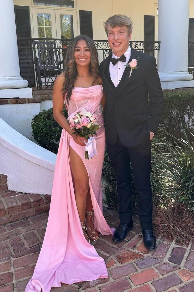 Stunning Mermaid Strapless Pink Corset Prom Dress with Split Front - VelvetHem