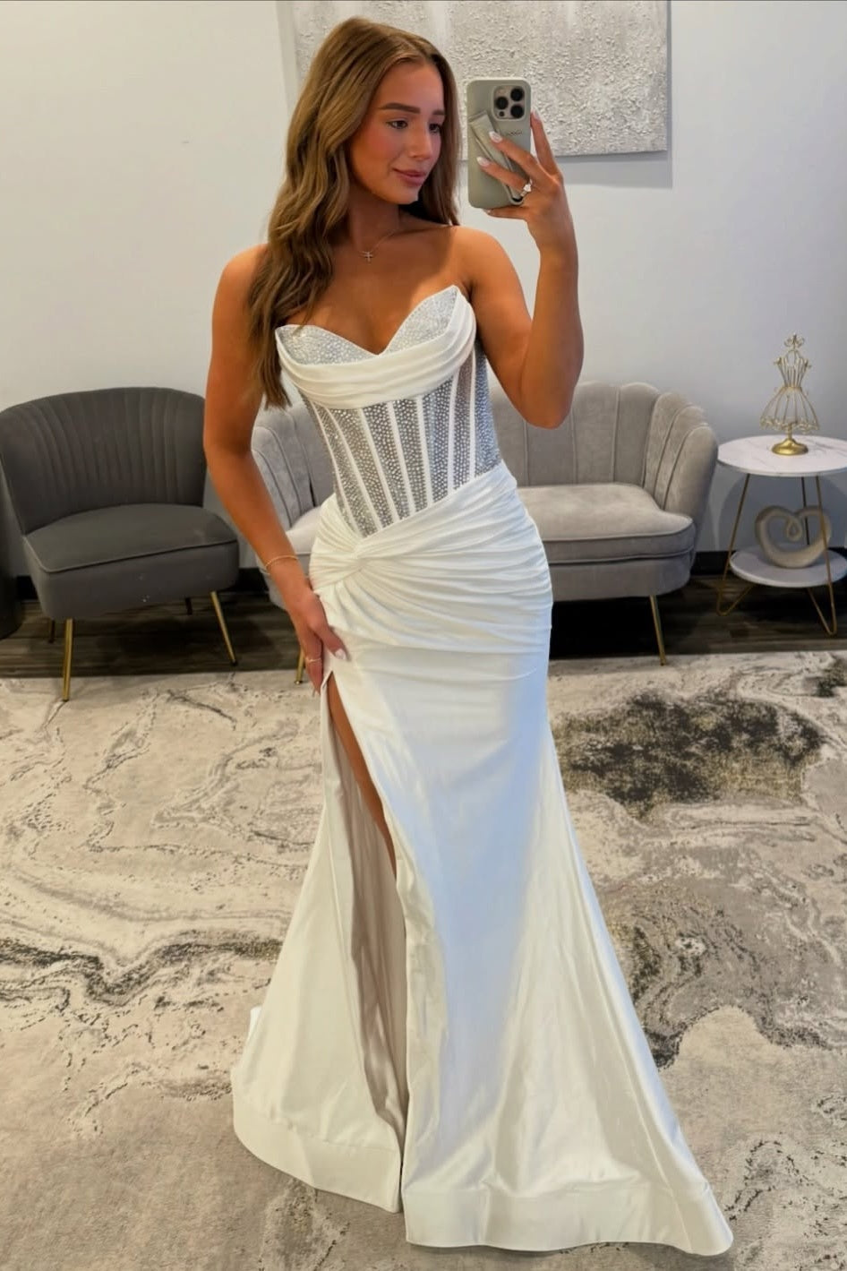 Stunning Mermaid Sweetheart White Corset Prom Dress with Beading - View 3 | VelvetHem
