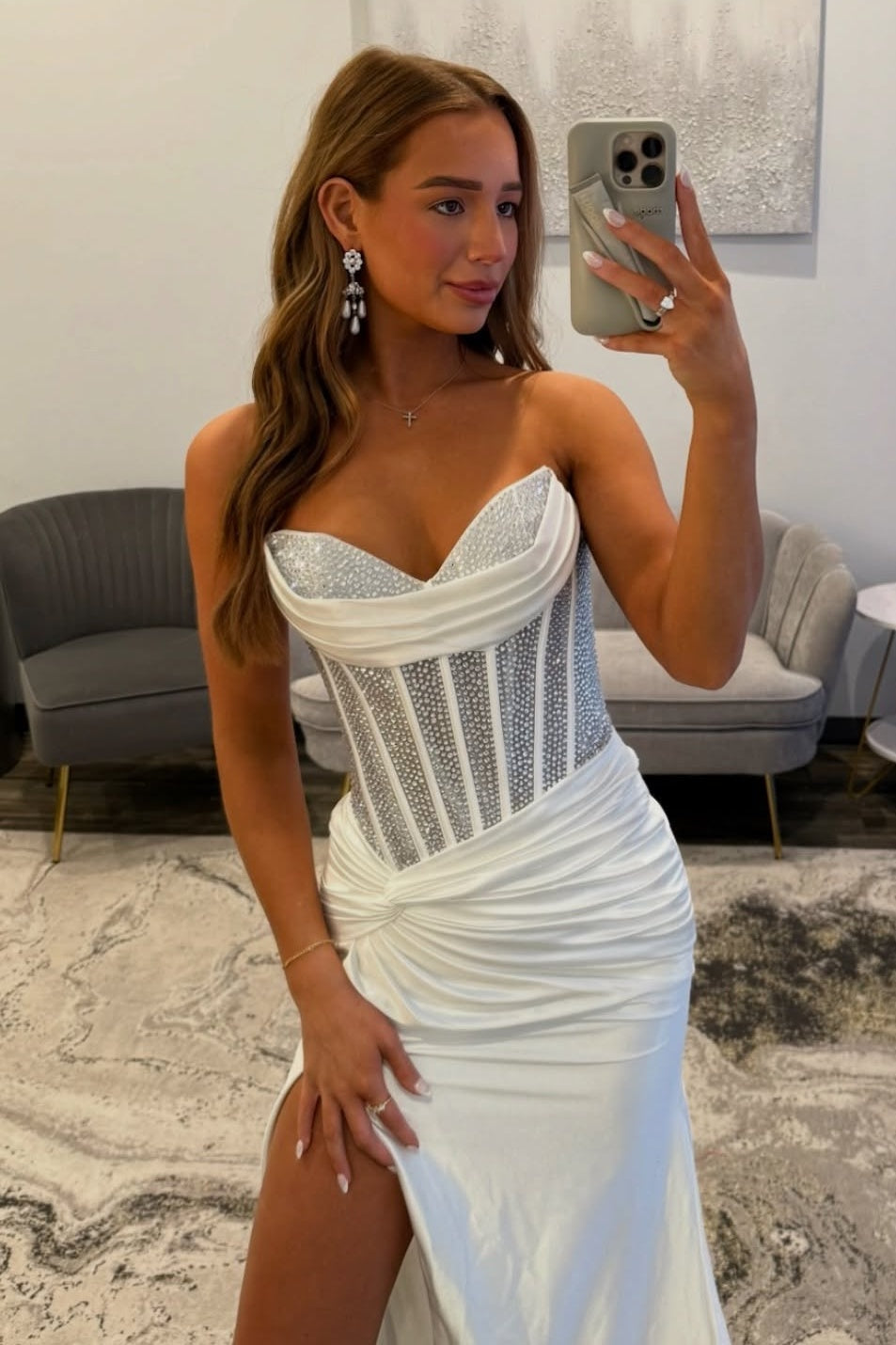 Stunning Mermaid Sweetheart White Corset Prom Dress with Beading - View 4 | VelvetHem