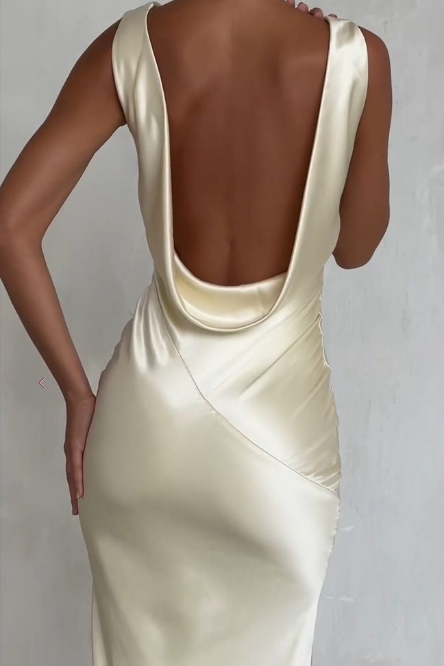 Stunning Mermaid V Neck Apricot Satin Long Party Dress with Backless