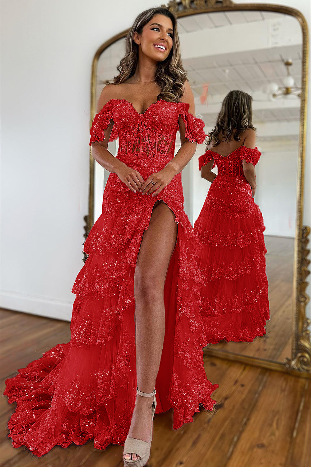 Sparkly Off The Shoulder Long Mermaid Prom Dress With Appliques And Split - View 9 | VelvetHem