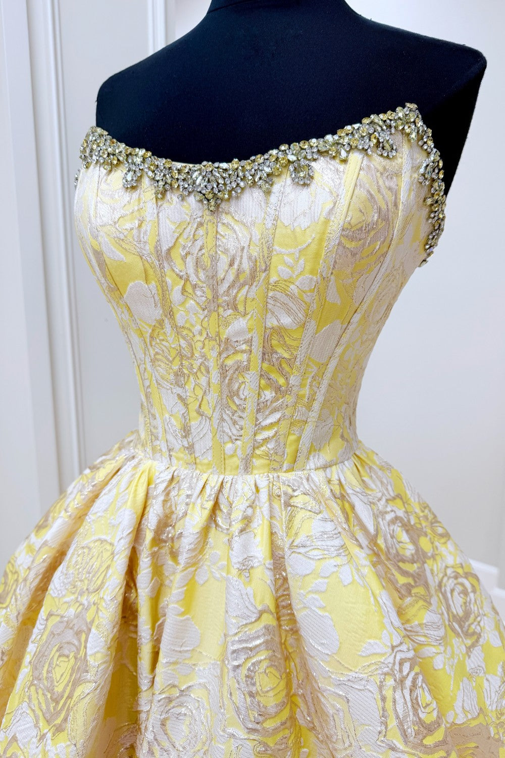 Stunning Pink Floral Brocade Homecoming Dress with Puffy Bubble Hem