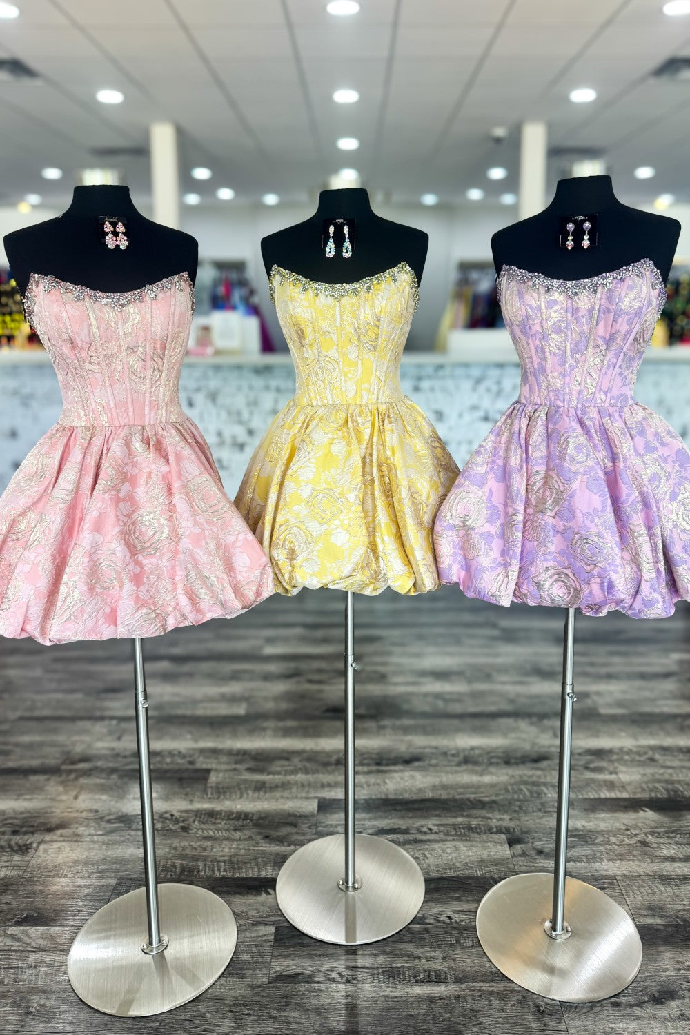 Stunning Pink Floral Brocade Homecoming Dress with Puffy Bubble Hem