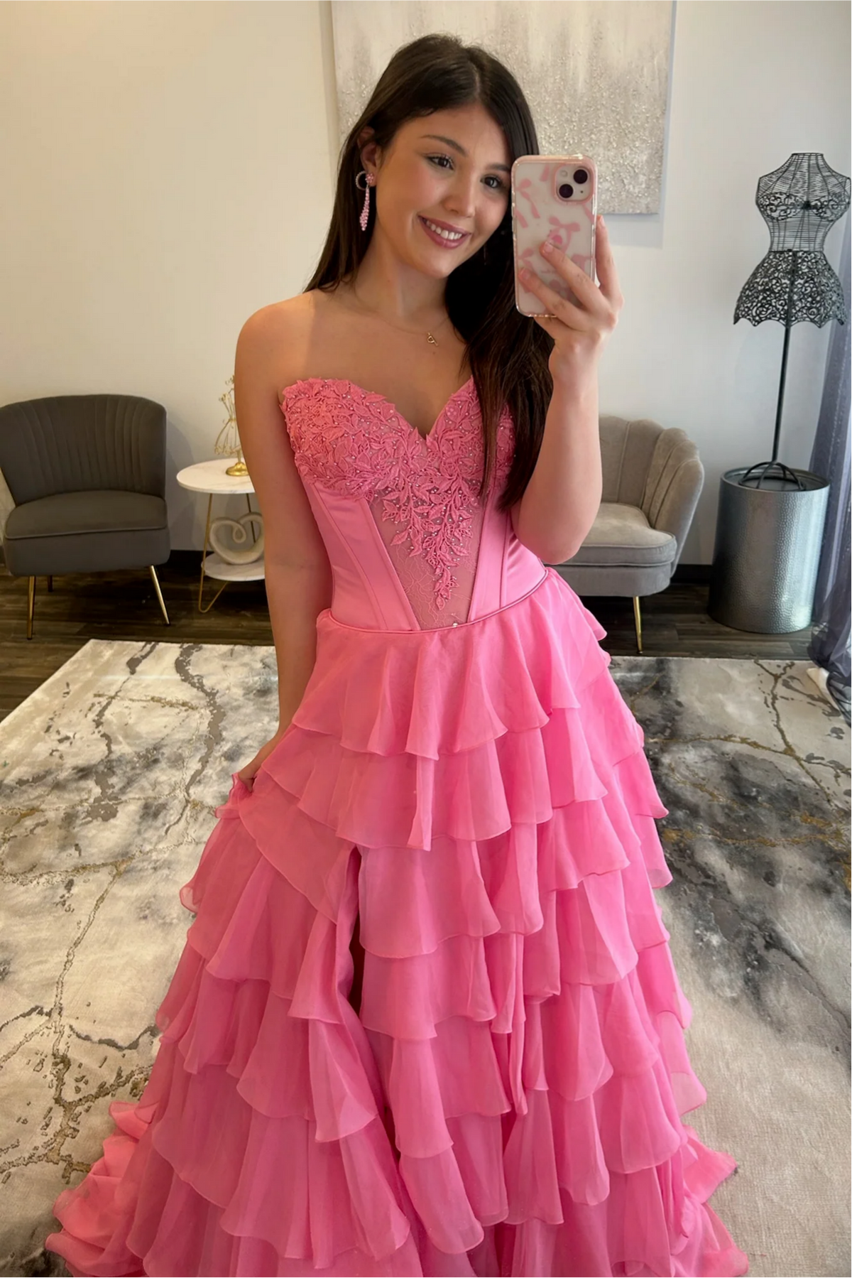 Charming A Line Sweetheart Red Corset Prom Dress with Appliques Ruffles - View 7 | VelvetHem