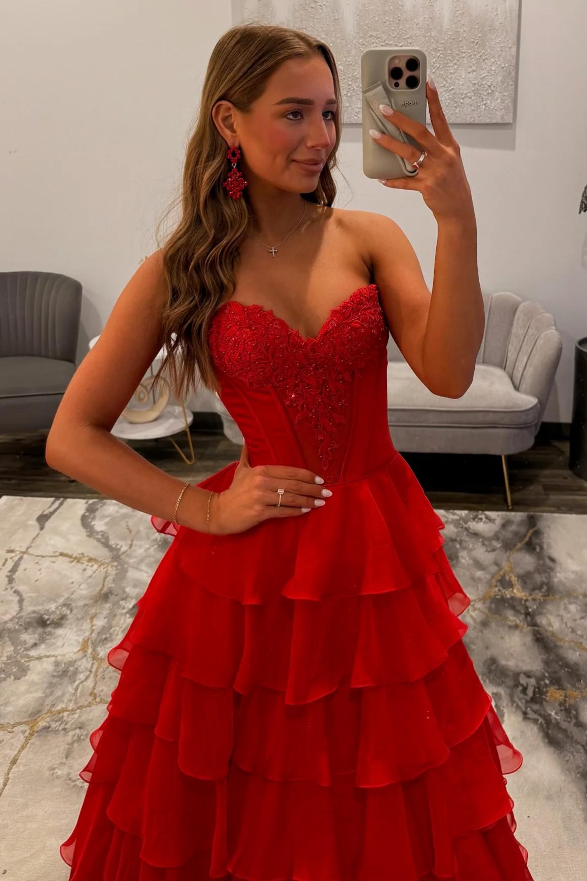 Charming A Line Sweetheart Red Corset Prom Dress with Appliques Ruffles - View 3 | VelvetHem