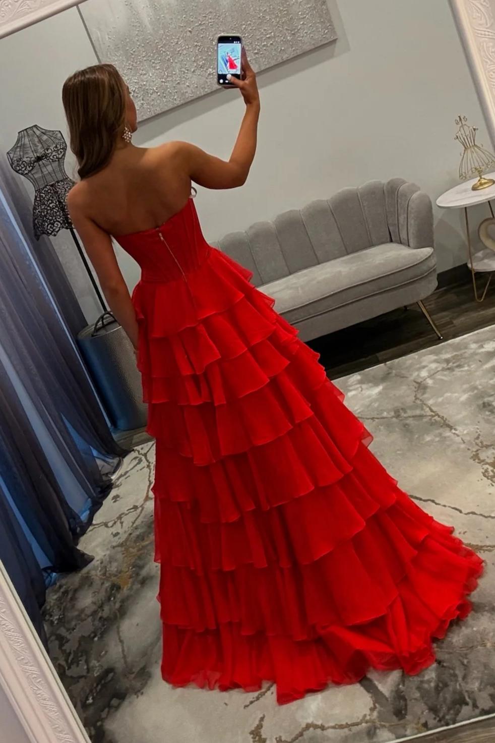 Charming A Line Sweetheart Red Corset Prom Dress with Appliques Ruffles - View 2 | VelvetHem