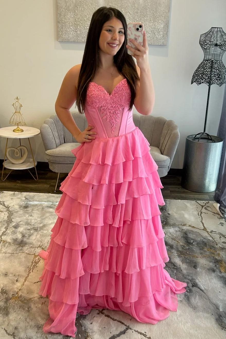 Charming A Line Sweetheart Red Corset Prom Dress with Appliques Ruffles - View 6 | VelvetHem
