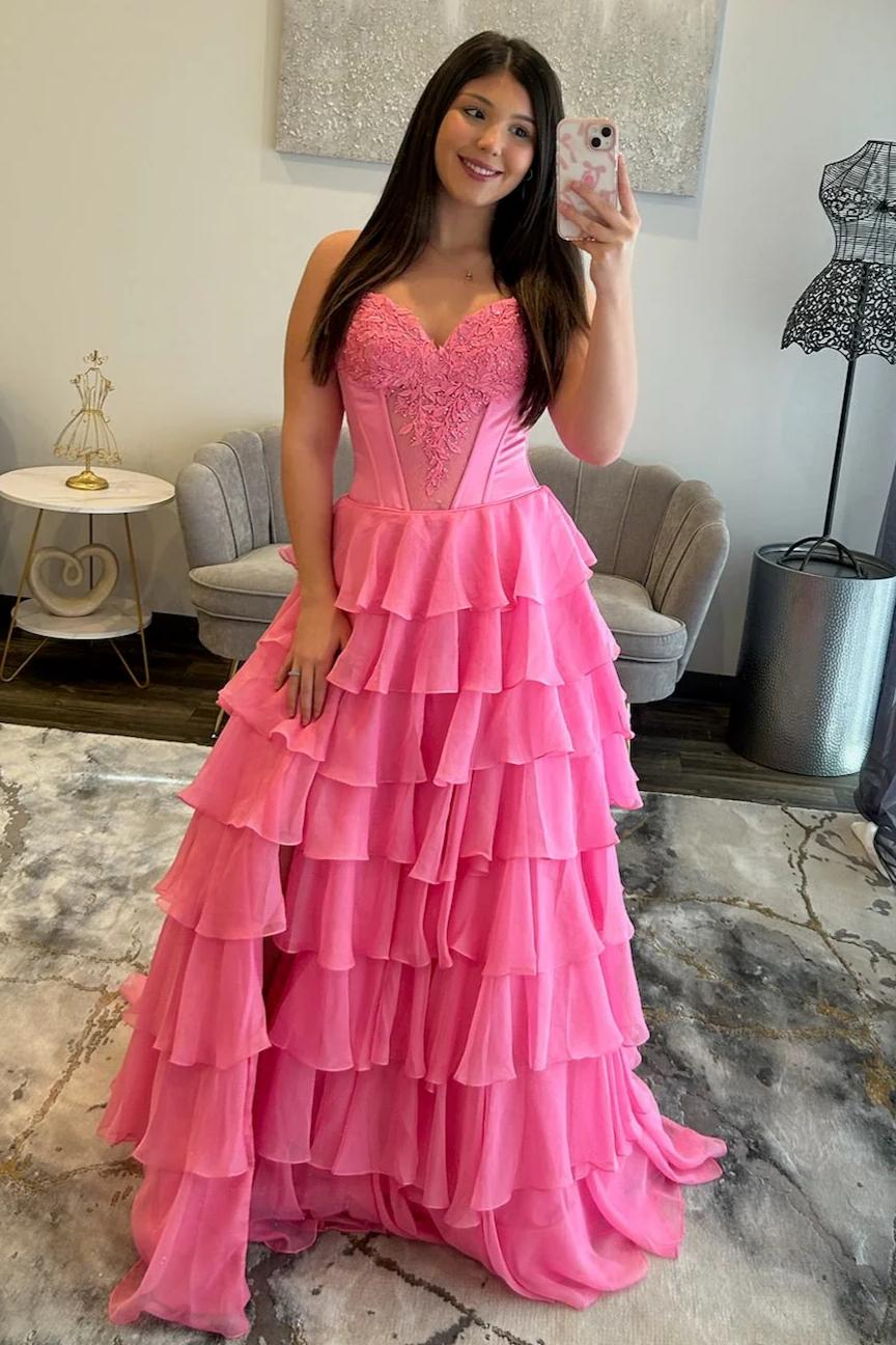Charming A Line Sweetheart Red Corset Prom Dress with Appliques Ruffles - View 8 | VelvetHem