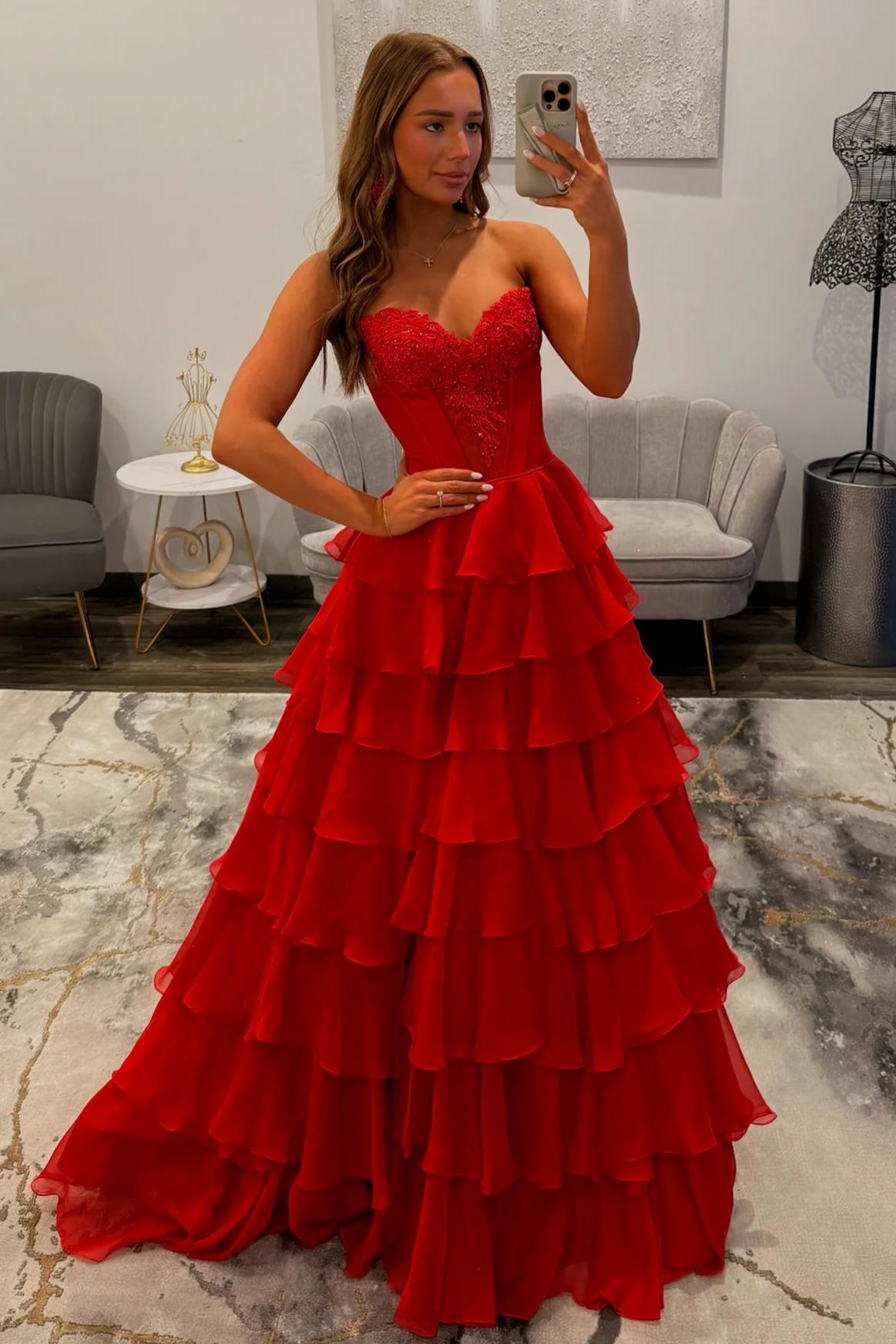Charming A Line Sweetheart Red Corset Prom Dress with Appliques Ruffles - View 4 | VelvetHem