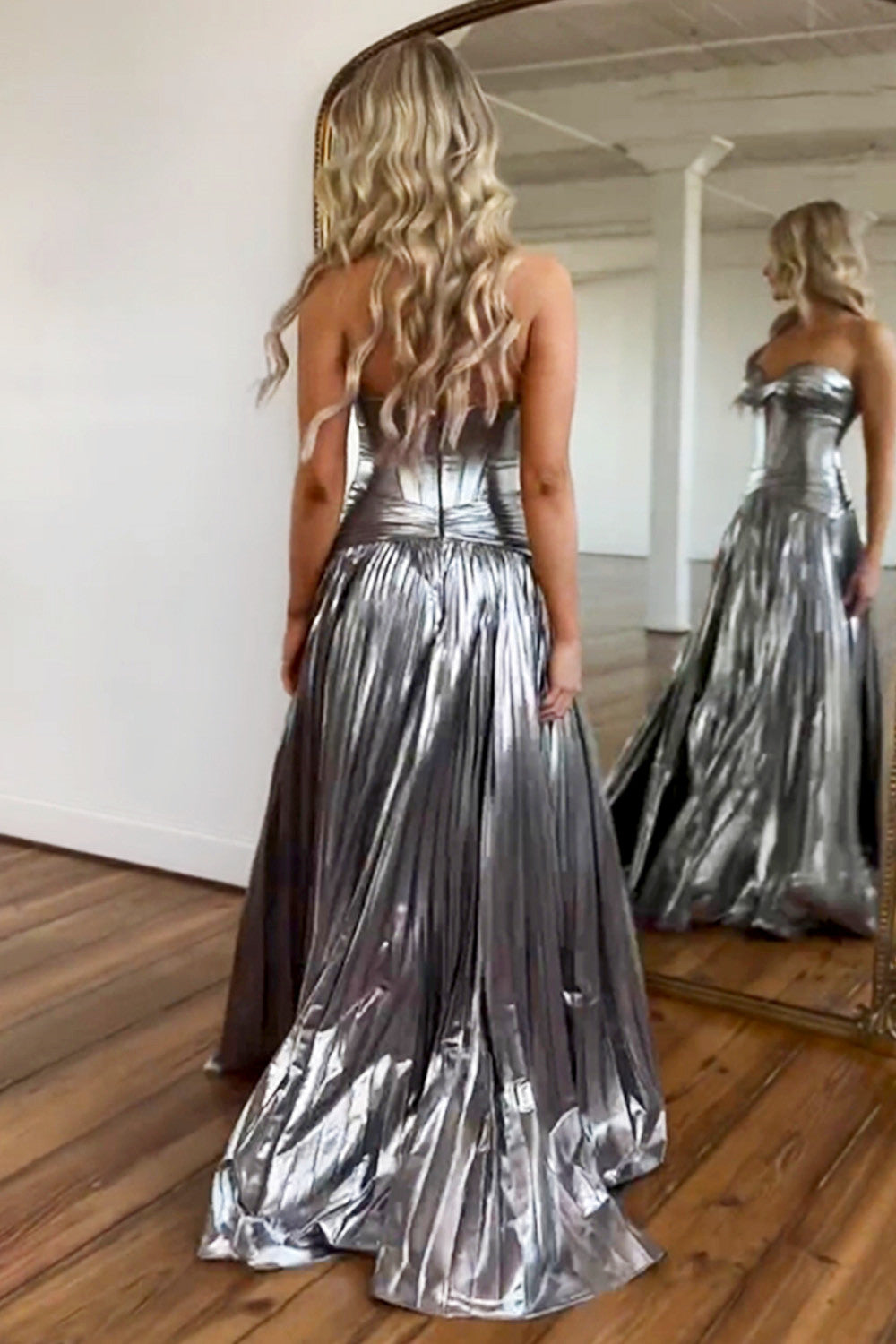 Sparkly Metallic Silver A-Line Sweetheart Long Prom Dress With Slit - View 2 | VelvetHem