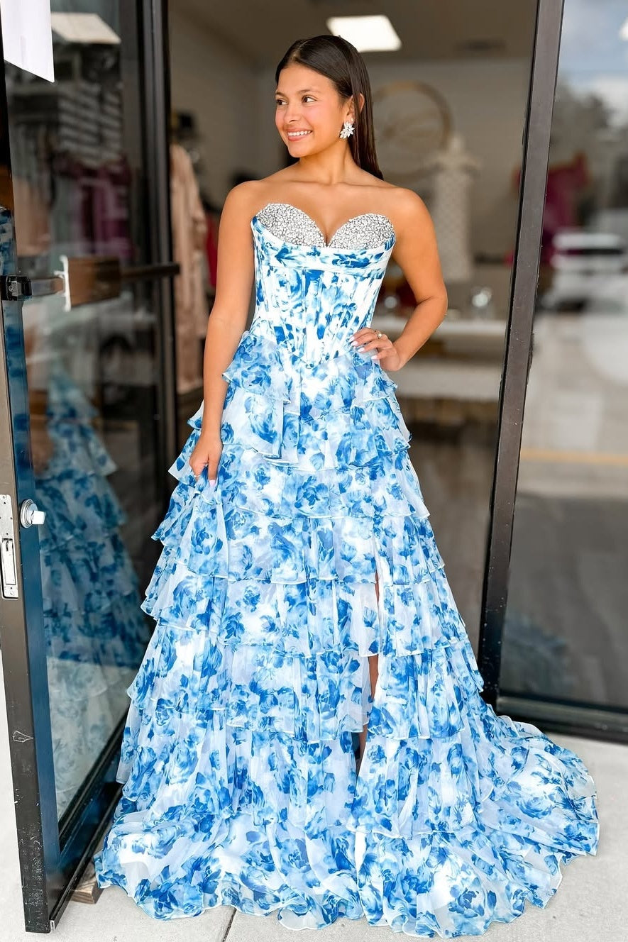 Stunning A Line Sweetheart Blue Printed Corset Prom Dress with Beading Ruffles - View 6 | VelvetHem