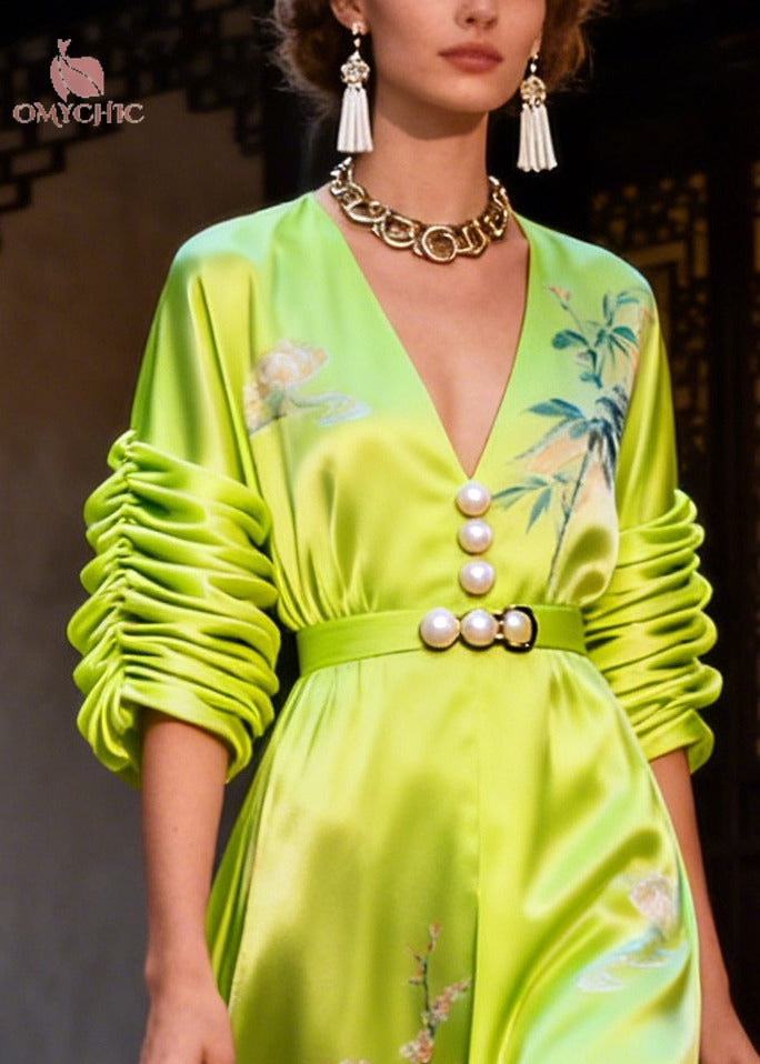 Style Fluorescent Green Print Nail Bead Silk Maxi Dresses Summer
