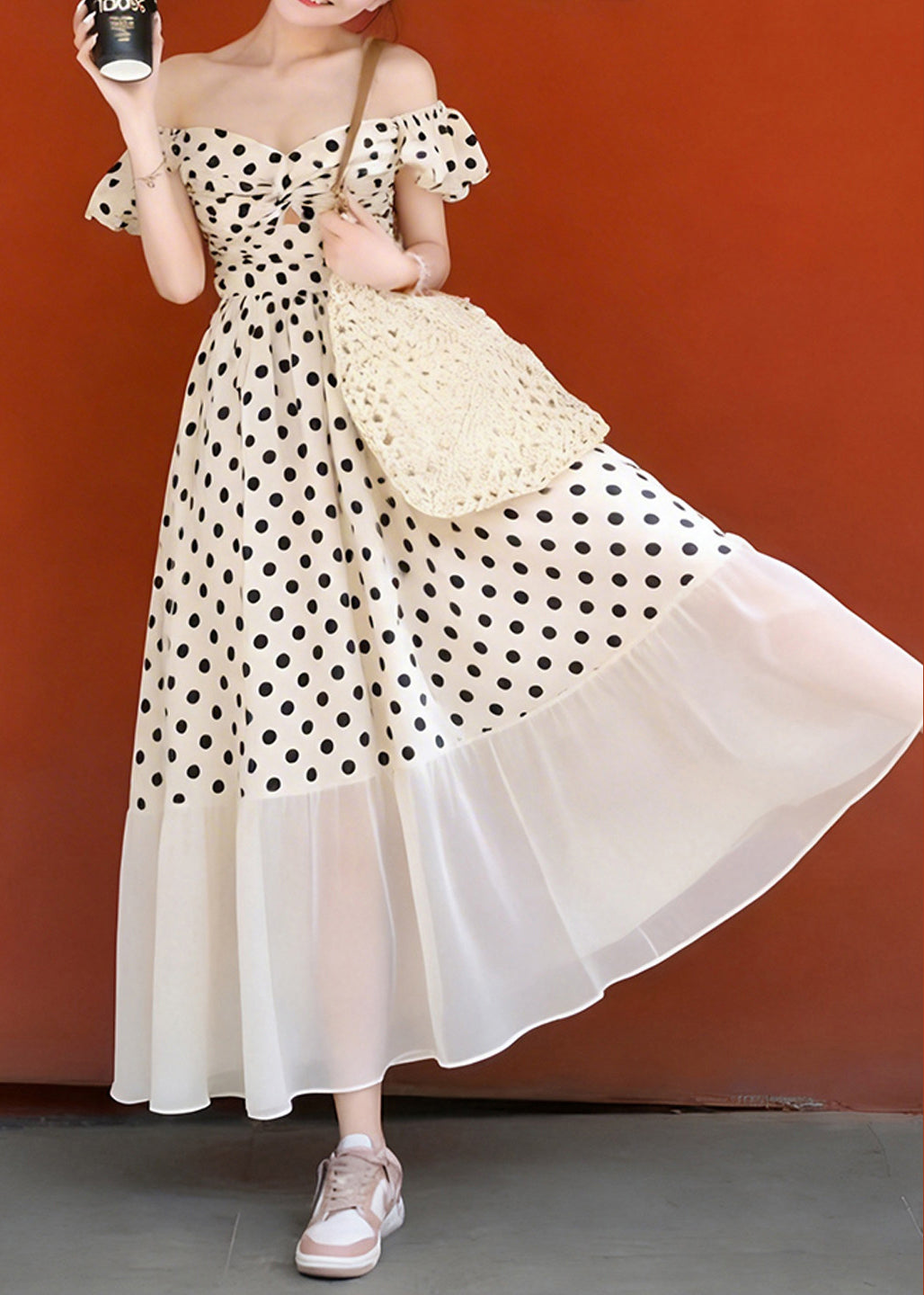 Style Khaki Cold Shoulder Print Chiffon Long Dresses Summer