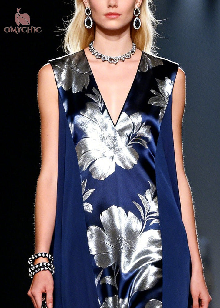 Style Navy Jacquard Patchwork Chiffon Holiday Dress Summer
