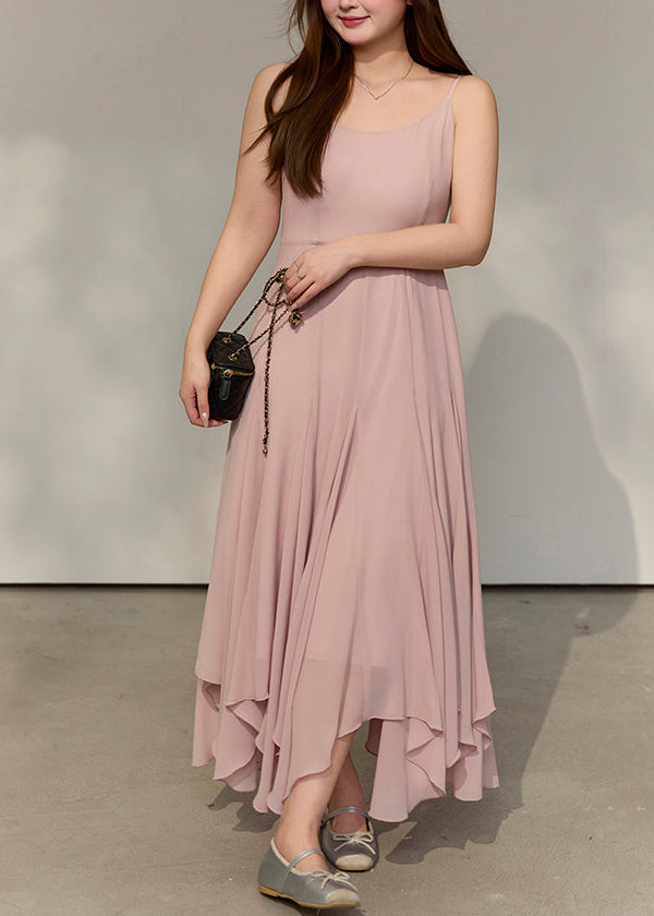 Style Pink Exra Large Hem Draping Chiffon Spaghetti Strap Dress Summer