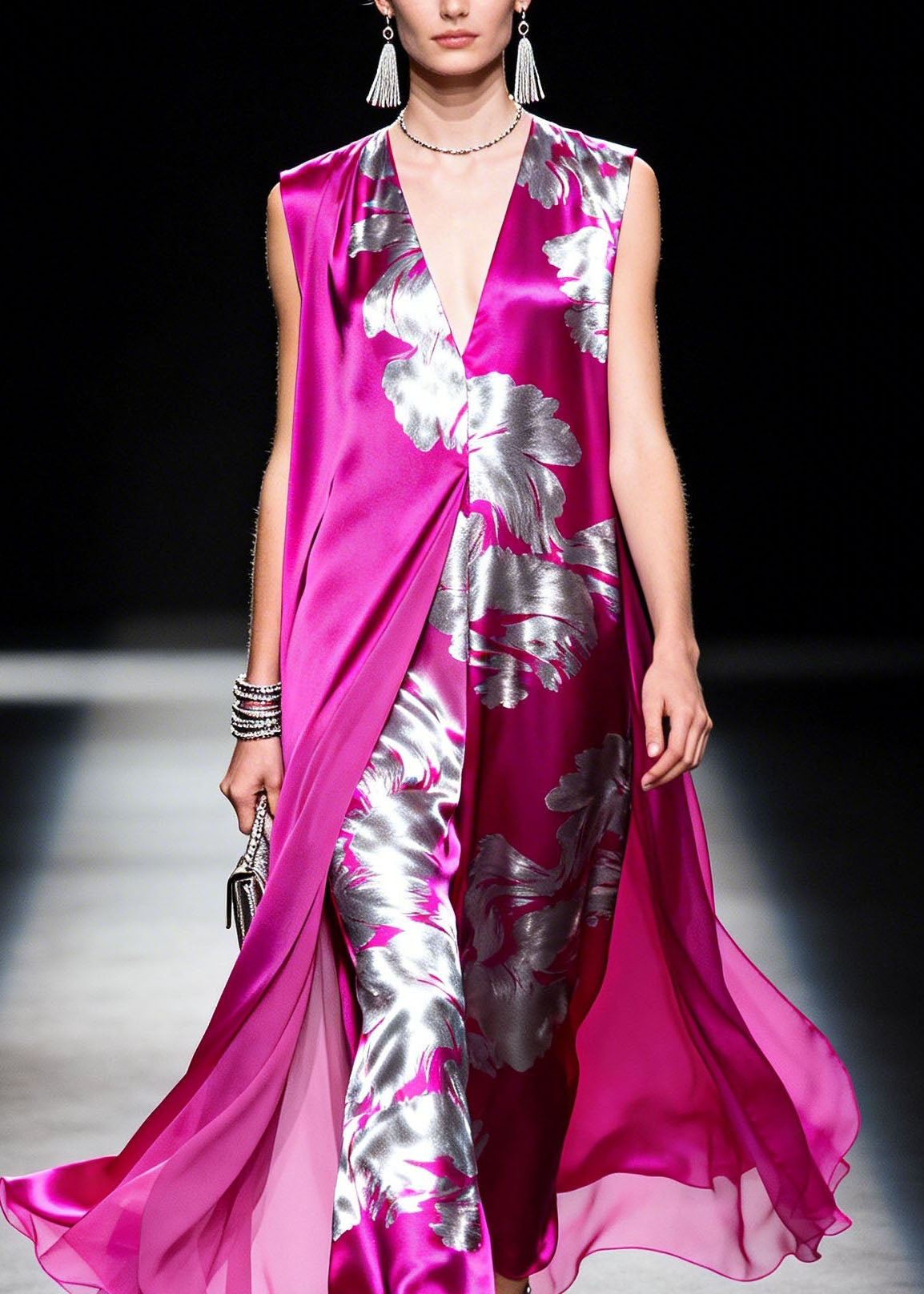 Style Purple V Neck Print Patchwork Silk Dress Summer