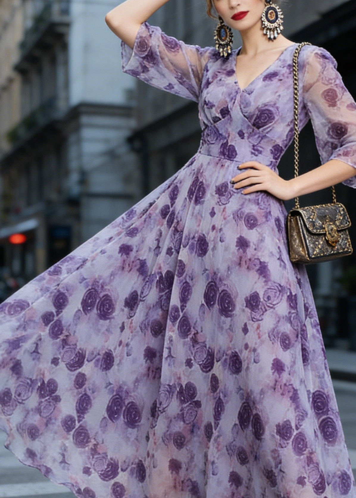 Style Purple V Neck Print Slim Chiffon Vacation Maxi Dresses Spring