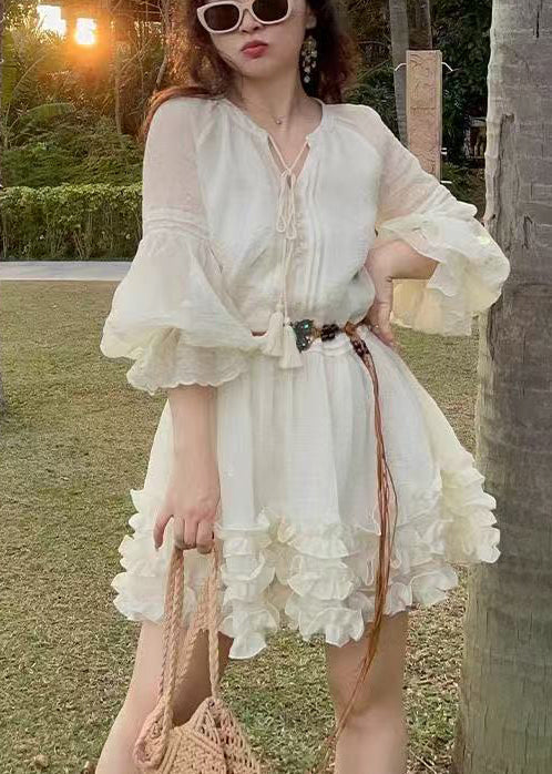 Style White Ruffled Cotton Tea Dress Lantern Sleeve