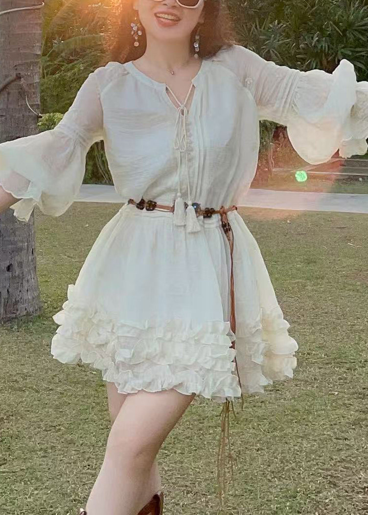 Style White Ruffled Cotton Tea Dress Lantern Sleeve
