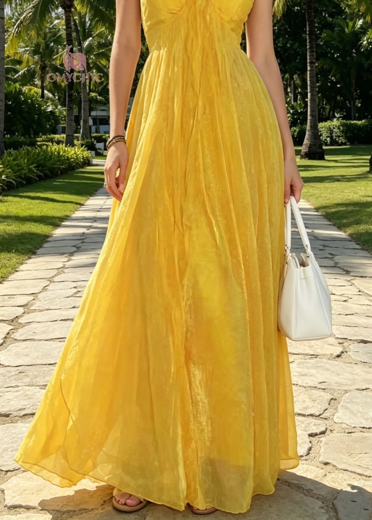 Style Yellow Halter Backless Patchwork Tulle Maxi Dresses Summer