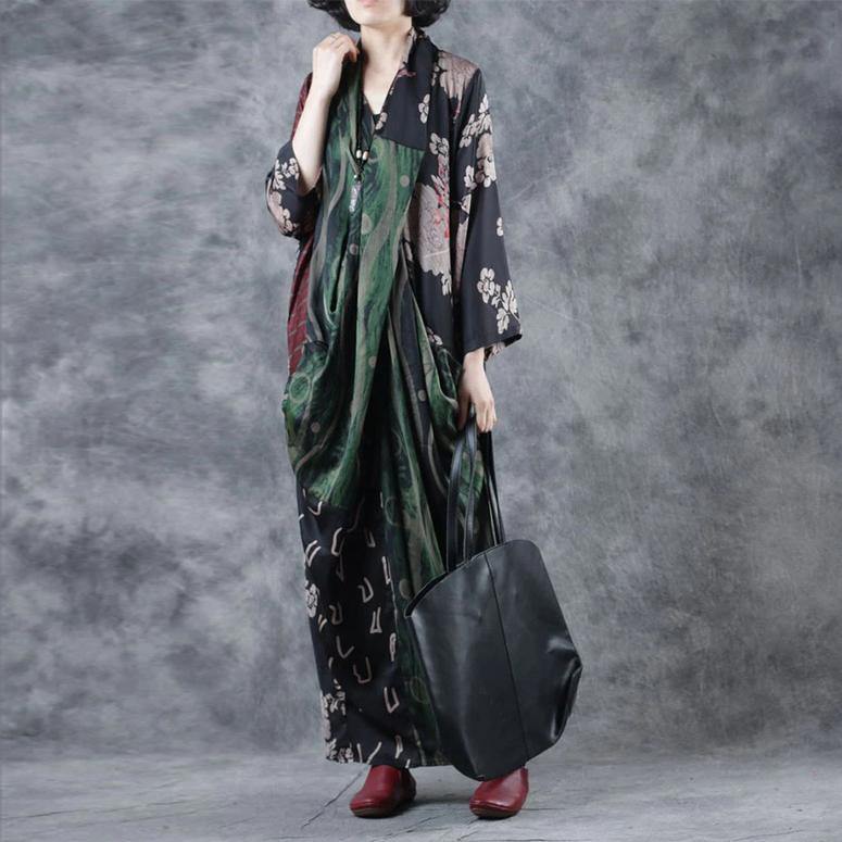 Style V Neck Pockets Asymmetric Robes Photography Green Print Dress Fall