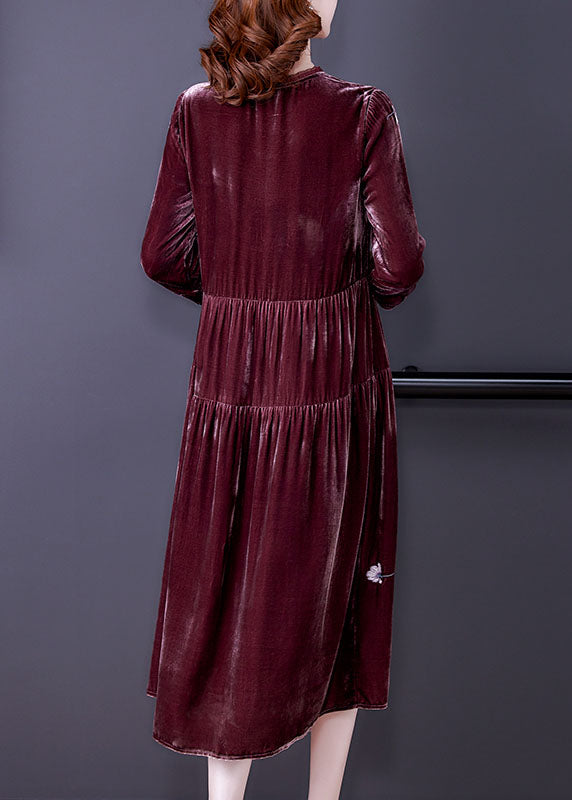 Stylish Bean paste red V Neck Embroideried Velour Dresses Spring (Limited Stock)