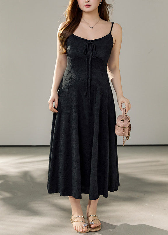 Stylish Black Jacquard Exra Large Hem Cotton Spaghetti Strap Dress Summer