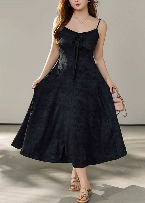Stylish Black Jacquard Exra Large Hem Cotton Spaghetti Strap Dress Summer