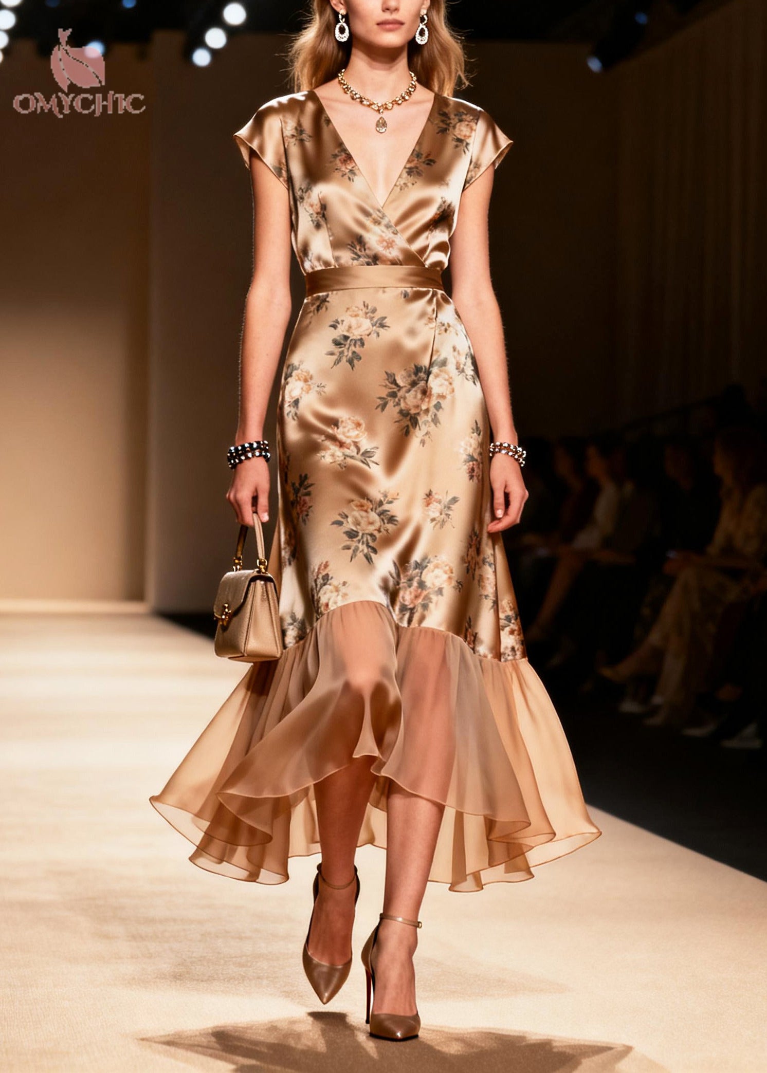Stylish Champagne Print Patchwork Silk Maxi Dresses Summer