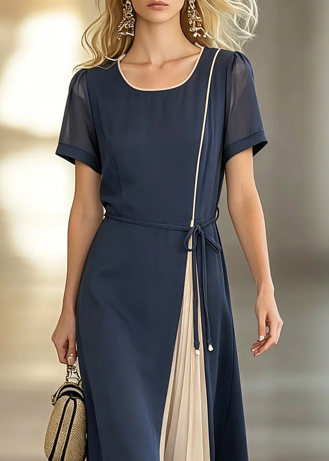 Stylish Dark Blue O-Neck Asymmetrical Patchwork Tie Waist Chiffon Maxi Dresses Short Sleeve