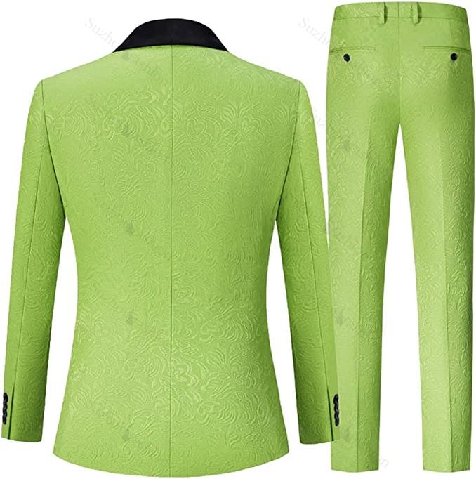 Stylish Green 3 Piece Jacquard Wedding Suit with Black Velvet Shawl Lapel