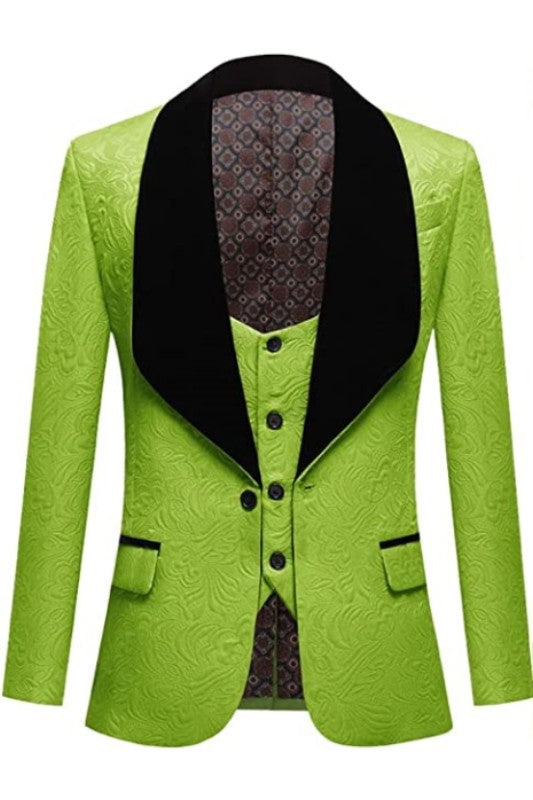 Stylish Green 3 Piece Jacquard Wedding Suit with Black Velvet Shawl Lapel