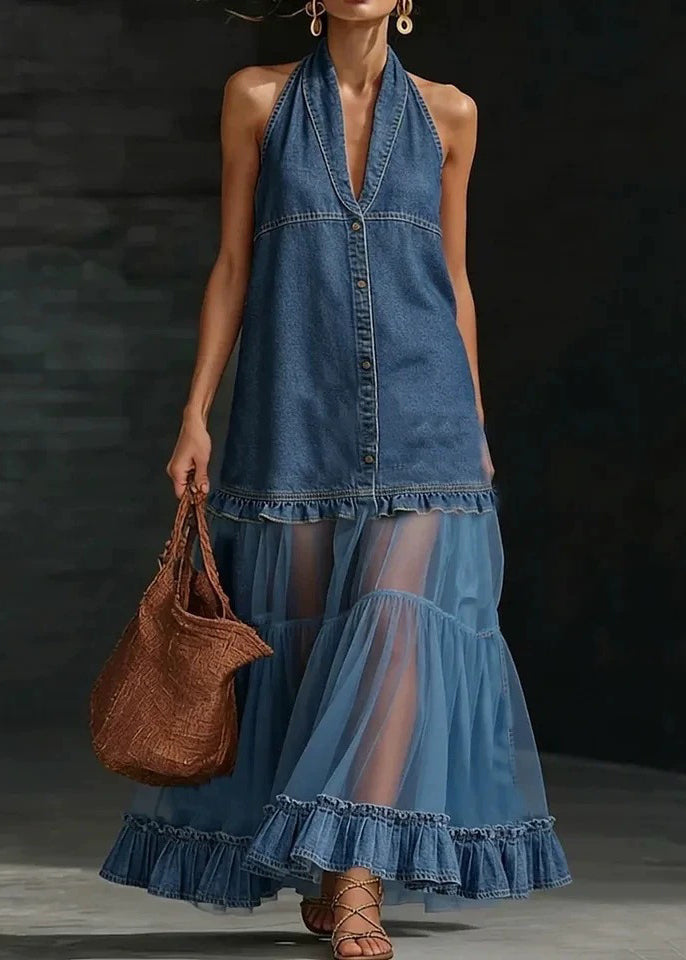 Stylish Navy Ruffled Patchwork Denim Long Dresses Sleeveless